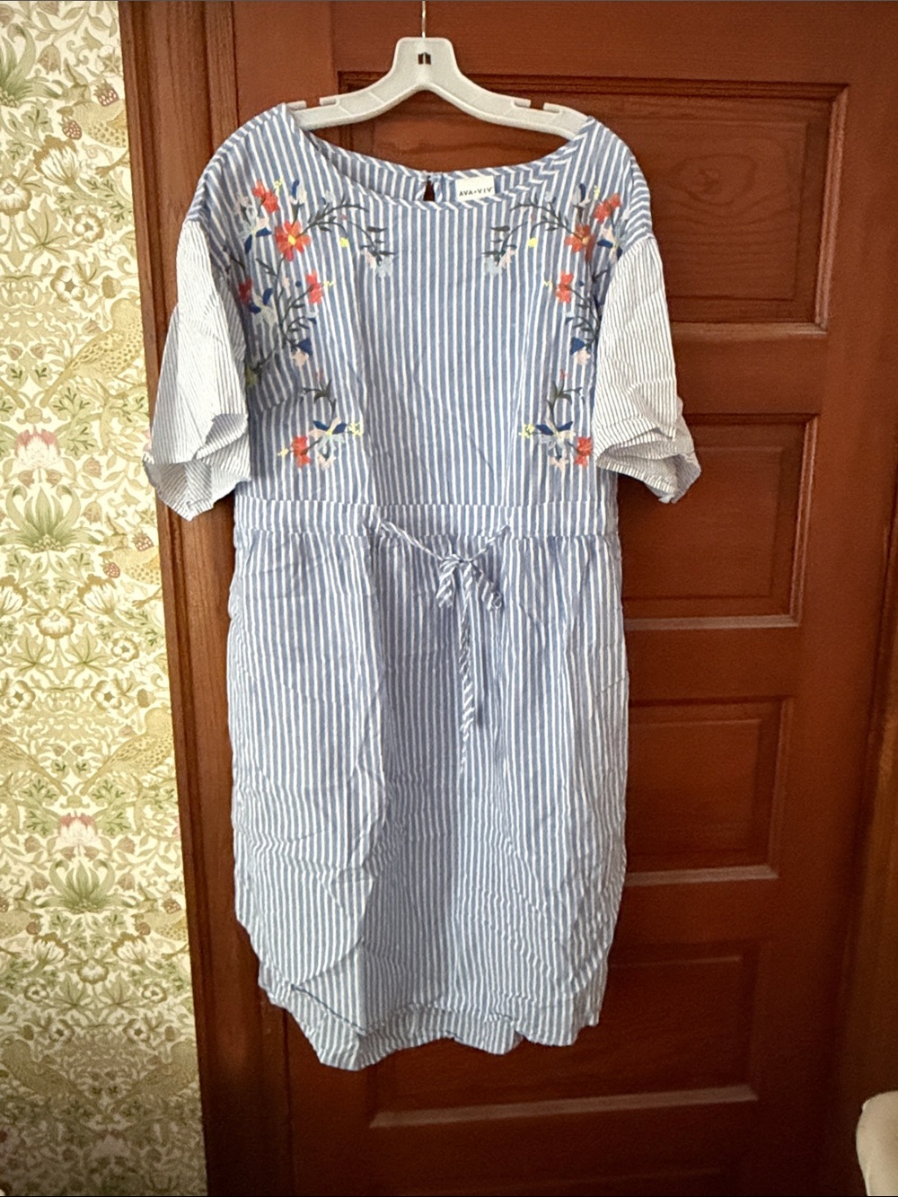 Ava & Viv Light Blue and White Striped Embroidered Blouse